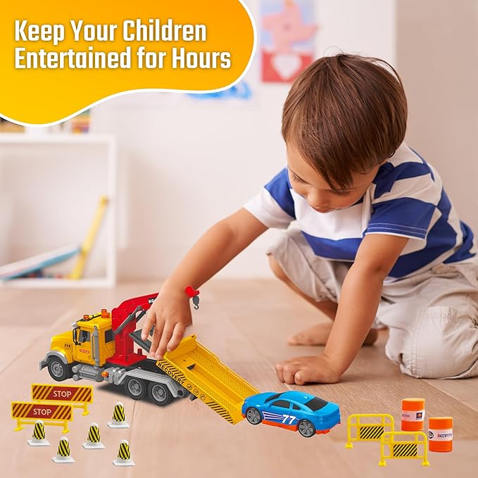MOBIUS Toys Tow Truck Flatbed and Crane with Race Car Playset – Large 15" Rescue Vehicle Toy w/Friction Push & Go, Lights & Sounds, Birthday Gift for Kids, Toddlers, Girls & Boys Ages 3-8