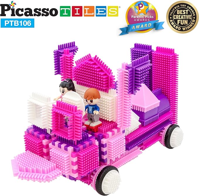 PicassoTiles PTB106 106pcs Hedgehog Lock Building Blocks Tiles Pink Castle Theme Set w/Human Figures Learning Playset STEM Toy Set Educational Kit Child Brain Development Preschool Kindergarten Toy