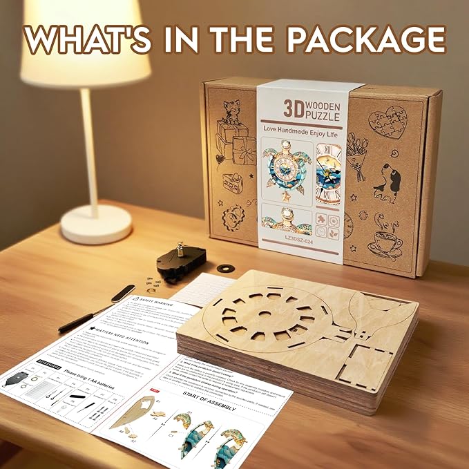 3D Puzzles for Adults Clock-Turtle Design Model Kit-Mechanical DIY Pendulum Clock with Roman Numerals-Desk Home Office Decor Personalized Gift for DIY Lovers