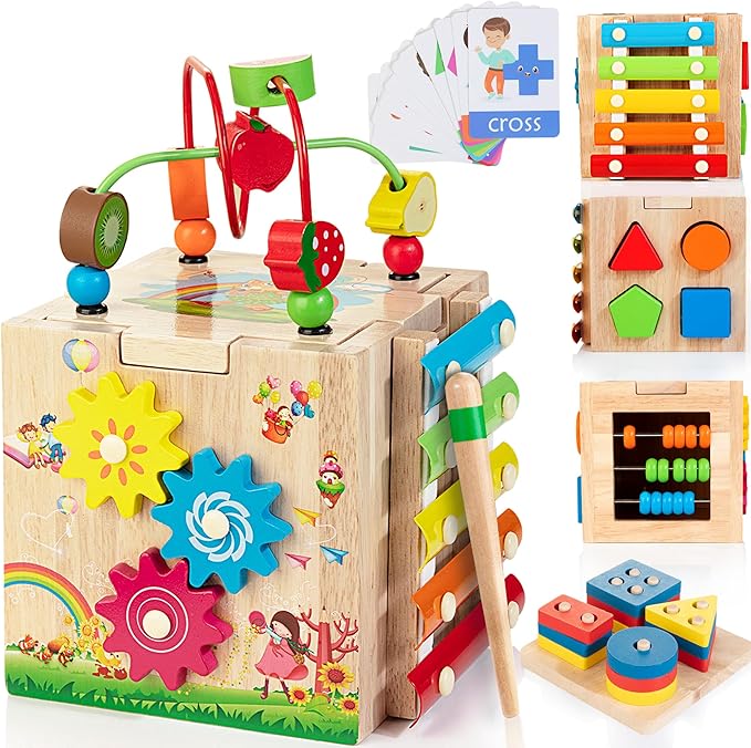 Bravmate Wooden Activity Cube, 8-in-1 Wooden Montessori Learning Toys for 18 M+ Toddlers, One Year Old First Birthday Gift, Baby Toy Set with Bonus Sorting & Stacking Board