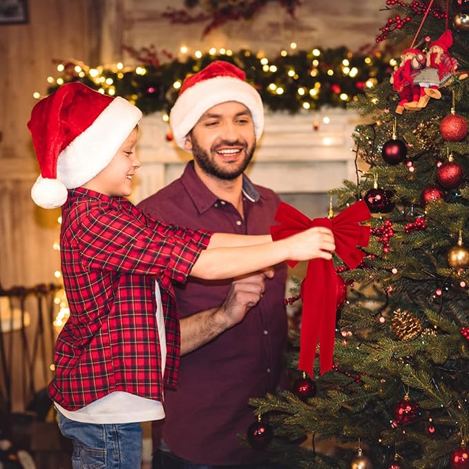 4 Pcs Medium Red Bows Christmas Tree Decor - 21"×9" Velvet Red Bows with Golden Tie, Easy Hanging for Window/Stairs/Porch/Gifts Warp/Party Supplies