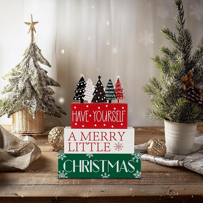 4 Pcs Christmas Table Decor Christmas Tree Wooden Table Decorations Winter Tiered Tray Decor christmas Centerpieces Rustic Decorative Tree Block Signs Gift Xmas table Sign for Home kitchen Shelf