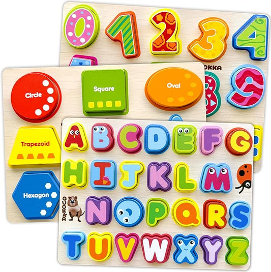 QUOKKA Wooden Puzzles for Toddlers 2-4 - Chunky Toddler Puzzles Ages 3-5 - Learning Travel Game with Numbers Alphabet Shapes - Wood Educational Gift for Boys and Girls