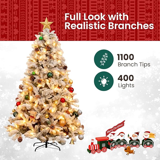 7ft Pre-lit Christmas Tree with Double-Sided Five-Fork PE & PVC Needles, Dense Realistic Pine Design, Easy Assembly Holiday Decoration Tree