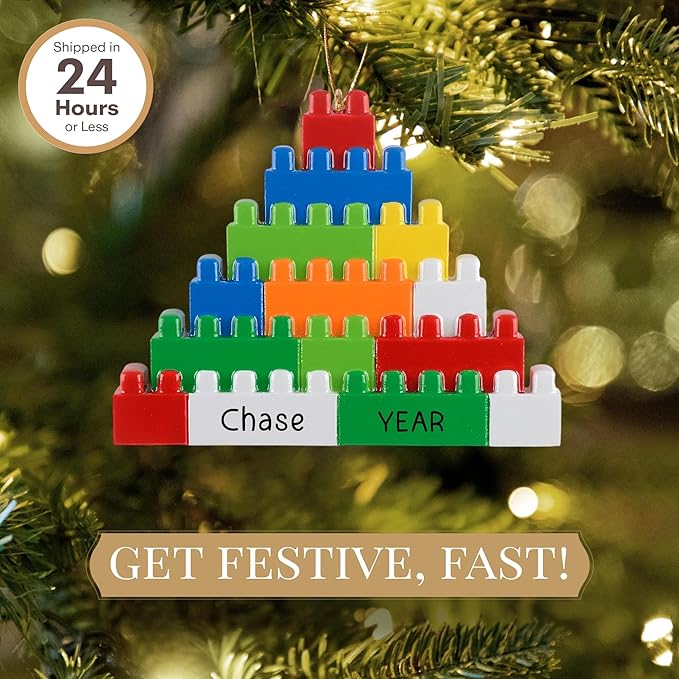 Personalized Building Blocks Ornament 2025 | Free 24h Customization | Laser Engraved Kids Christmas Ornaments for Tree | Custom Gift Wrapped Toddler Keepsake for Girls, Boys