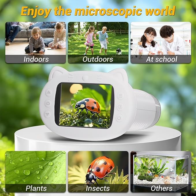 2.4" Screen Pocket Kids Microscope: 1000X Handheld Microscope for Photo and Video - Portable Science Kits STEM Toys – Christmas/Birthday Gifts for Girls & Boys Ages 3-12(White)