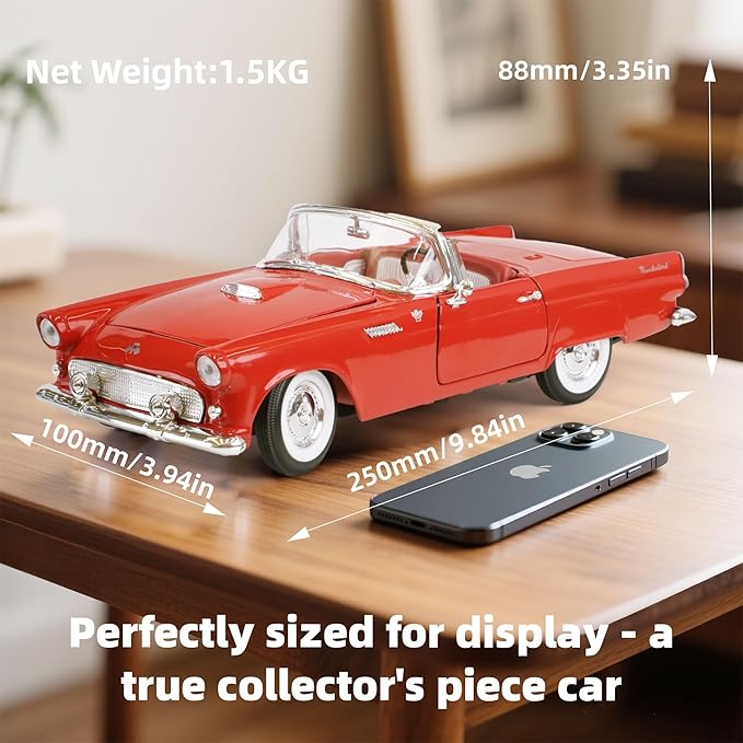 1955 Ford Thunderbird 1/18 Scale Die-Cast Metal Model Premium Classic Vintage Alloy Cars with Display Case, with Opening Doors, Best Gift for Men, Dad & Kids 14+ Years (Red)