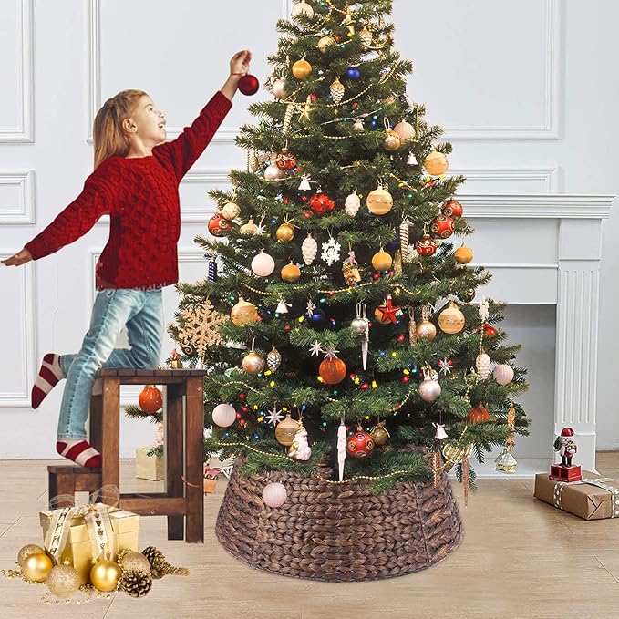 Christmas Tree Collar 24'' D Handmade Hyacinth Tree Collar Basket Rattan Wicker Christmas Woven Tree Ring Stand Base Cover for Christmas Holiday Decoration-Round Brown