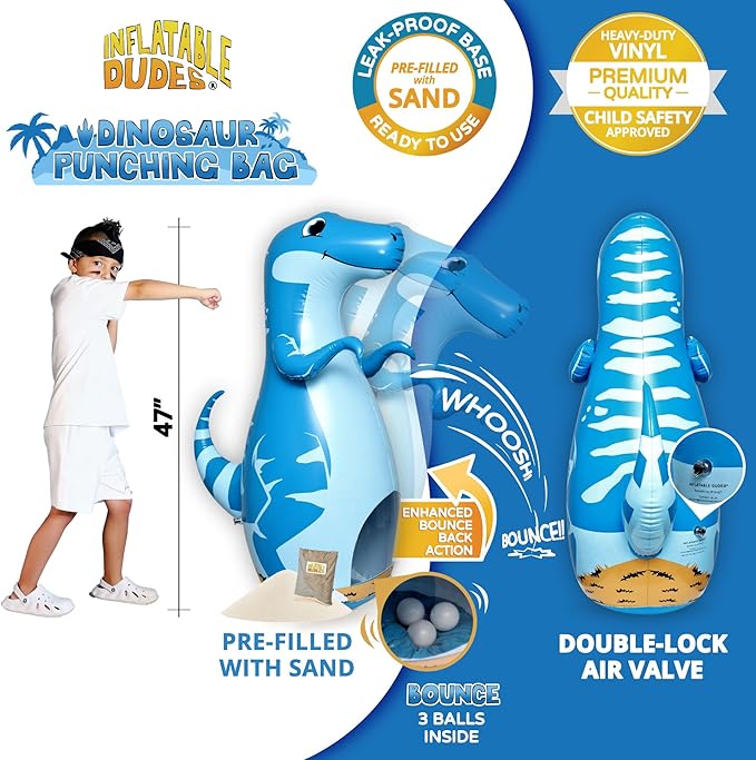 INFLATABLE DUDES Dinosaur -Kids Punching Bag | Already Filled with Sand| Bop Bag | Premium Inflatable Toy | Punching Bag for Kids | Enhanced Bounce-Back Action! | Indoor Outdoor - Party Games