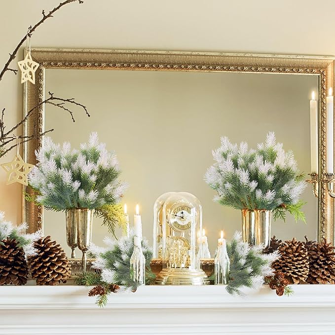 RECUTMS 1.22ft Greenery Artificial Pine Branches Tree Leaves Faux Stems Outdoor Plastic Plants No Fade UV Resistant Decor for Garden Porch Table Home Window (White)