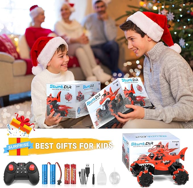 Eulogia Shark Remote Control Car, RC Stunt Car Toy with Water Shooting Spray, Music, 360-degree Rotations Drifting, One-Key Demo Programming Fun Truck Gift for Boys Grils (Red)