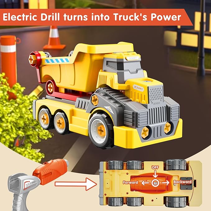 11inches Large Take Apart Construction Toys Dump Trucks for Boys Girls Kids 3-5 6-8 Year Old Electric Drill Set Assembly Building Toys Learning Toys