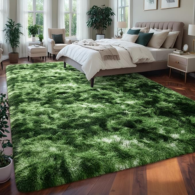 Nuttumico Large Fluffy Area Rug, 6x9 Feet Modern Indoor Carpets for Living Room Bedroom, Plush High Pile Tie-Dyed Dark Green Rug for Girls Kids Playroom Classroom Nursery Home Decor