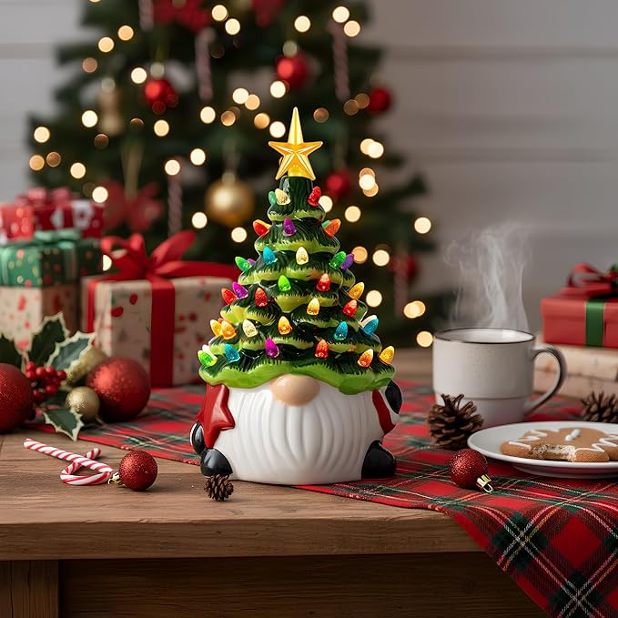 Ceramic Gnome Christmas Tree, Christmas Decor Indoor with 54 Multi-Colored Lights, Pre-Light Hand-Painted Hoilday Tree with 5-Pointed Star for Tabletop Decorative Xmas Decorations