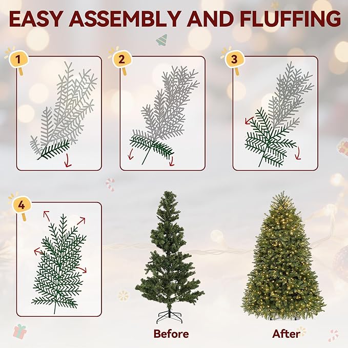 DWVO 7.5ft Pre-Lit Christmas Tree, Bell-Shaped Artificial Pine Christmas treewith 11 Light Modes, Stand Included, Fit for Holiday Decorations, Festive Atmosphere Enhancer, Green