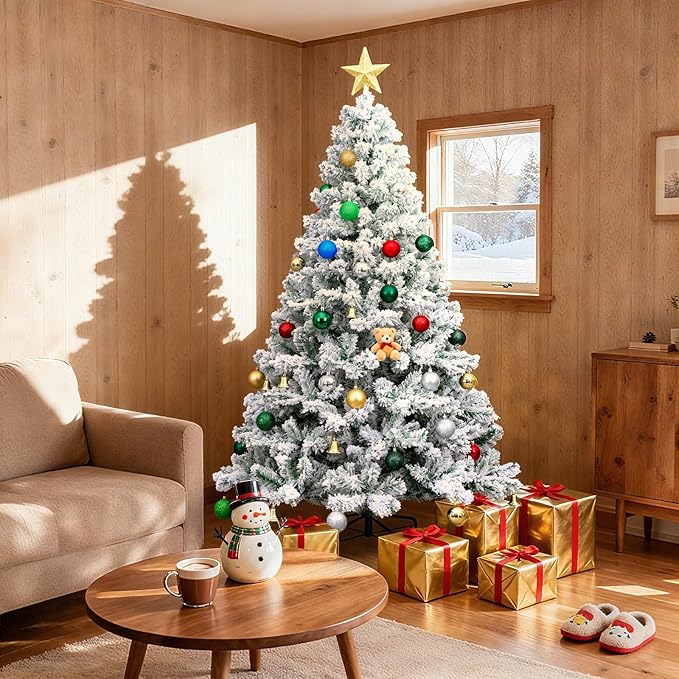6Ft Flocked Christmas Tree,Realistic Snow-Covered Artificial Xmas Tree with Hinged Branches for Easy Setup,w/1100 Snow Flocked Branch Tips for Home,Office,Party Decoration