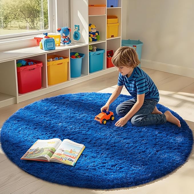 Ophanie Round Rug 7Ft Blue Circle Area Rug, Boys Room Decor, Fluffy Fuzzy Bedroom Carpet, Plush Soft Shaggy Living Room Rugs for Kids Home Decor Aesthetic, Nursery