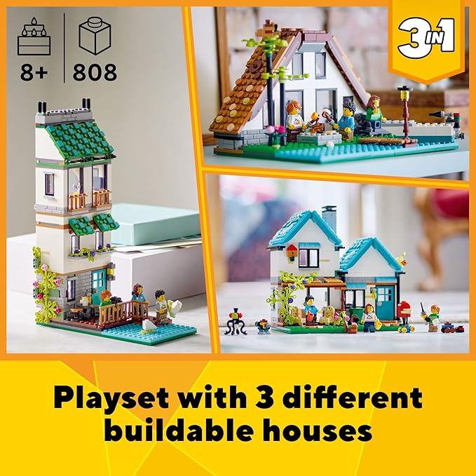 LEGO Creator 3 in 1 Cozy House Building Kit, Rebuild into 3 Different Houses, Includes Family Minifigures and Accessories, DIY Building Toy Ideas for Outdoor Play for Kids, Boys and Girls, 31139