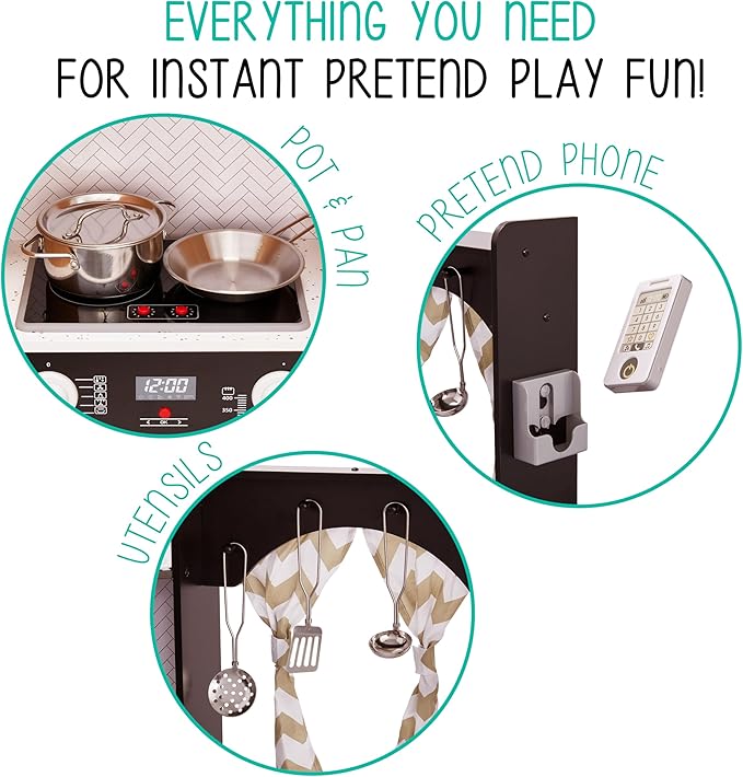 Lil' Jumbl Kids Corner Kitchen Set, Pretend Wooden Deluxe Play Kitchen, Battery Operated Icemaker, Stovetop & Faucet with Realistic Sound - Black