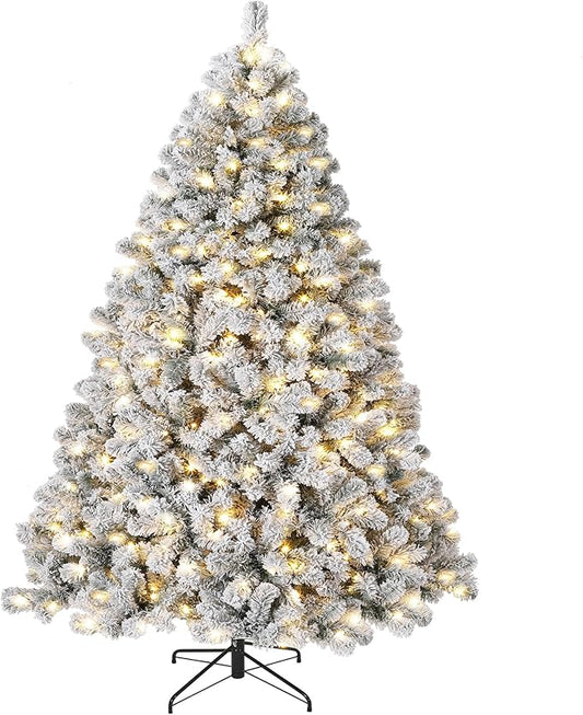 6FT Prelit Fluffy Snow Flocked Fraser Fir Artificial Christmas Tree with Warm White Lights, Hinged Branches, 800 Tips, Artificial Christmas Tree Include Metal Stand for Holiday Home Decor