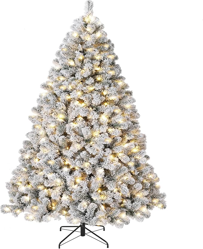 9FT Prelit Fluffy Snow Flocked Fraser Fir Artificial Christmas Tree with Warm White Lights, Hinged Branches, 2000 Tips, Artificial Christmas Tree Include Metal Stand for Holiday Home Decor