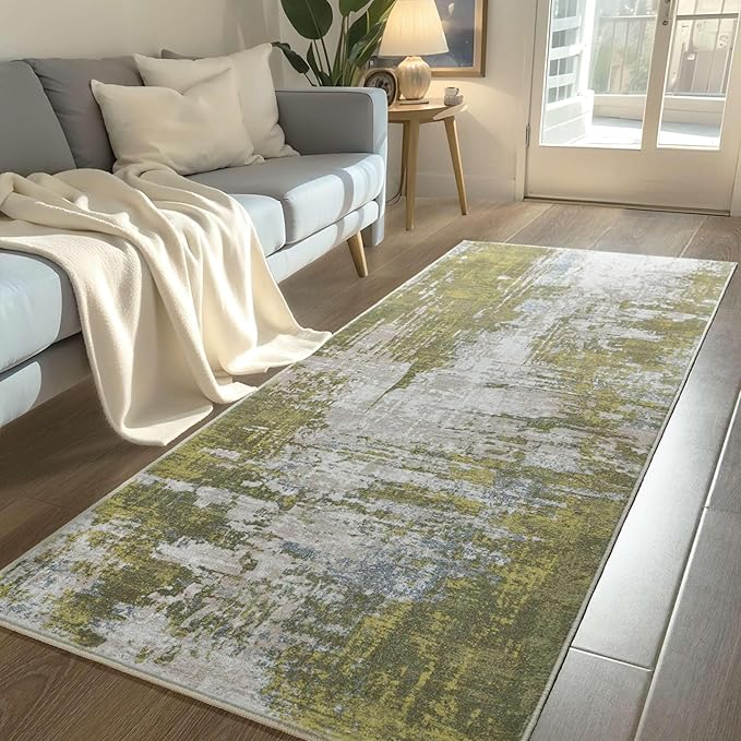 2x6 Sage Green Rug Runners for Hallways Kitchen Runner Rug Non Slip Washable Long Runner Rugs with Rubber Backing Soft Abstract Carpet Runner for Hallways, Kitchen, Bathroom, Entryway
