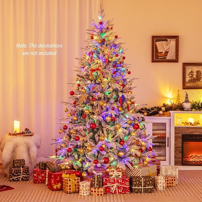 GOFLAME 7ft Pre-Lit Christmas Tree Snow Flocked, Hinged Artificial Xmas Tree with 1164 Branch Tips, 350 Multi-Color LED Lights, 8 Lighting Modes, Holiday Decoration Tree for Home Office Party