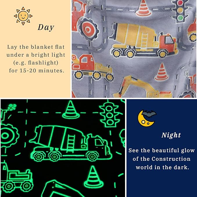 Glow in The Dark Blanket Boys Gifts for Kids Fuzzy Cozy Warm Soft Fleece Glowing Tractor Blankets for Bed Sofa Couch Unique Gifts Construction Truck Throw Blanket for Boys Teens 50"×60"