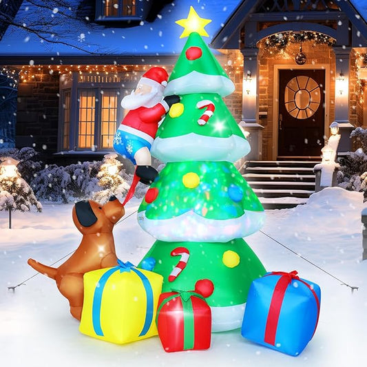 7.7 FT Christmas Inflatables Tree Outdoor Decoration Lighted Santa Claus Climbing Tree Chased by Dog Xmas Decor Blow Up Indoor Outdoor with Build-in LEDs and Gift Boxes & Dogs Lawn Yard Garden