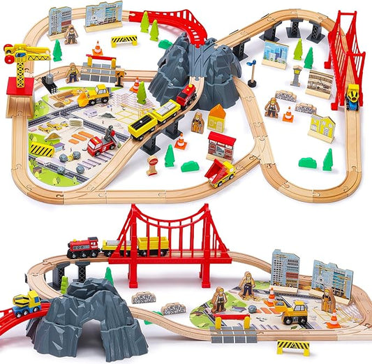 SainSmart Jr. 112PCS Wooden Train Set - Construction Theme Toy Train for Toddler, Train Tracks Compatible with All Major Brands, Ideal Railway Playset for Boys and Girls Idea