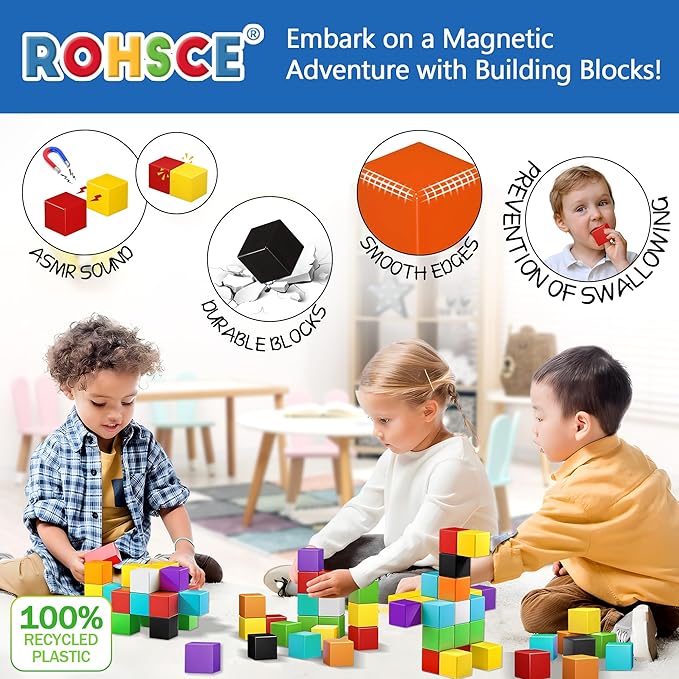 Magnetic Blocks 64PCS - Colorful Cube Construction Set, STEM Preschool kit, Safe ABS no-Odor, CPC ASTM Compliant, Travel-Ready, Ages 3–12, Perfect for Birthday