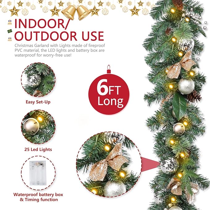 Christmas Garland Lighted Indoor Outdoor Decorations Artificial Christmas Garlands with Light Mantel Pine Cone for Door Porch Holiday Party Outdoor Indoor Xmas Decor 6FT Gold B
