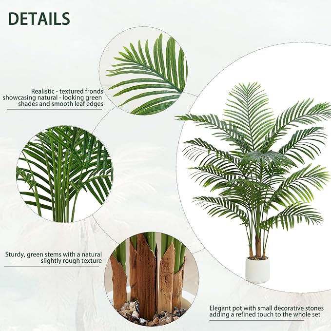 Artificial Palm Tree Indoor Plant 4FT Tall Fake Tropical Palm Tree in Pot, Real Bark Design Faux Areca Palm Tree for Home Office Living Room Bedroom Farmhouse Modern Outdoor Topiary Tree (13 Trunks)
