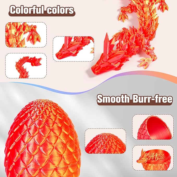 12''3D Printed Dragon and 4.73''Egg - 3D Printed Toys, Articulated Crystal Dragon Egg with Dragons Inside Fidget Toy, Decor Dragons Collectible Figurines (Red Gold,12inch)