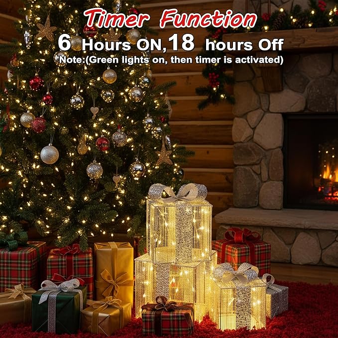 Set of 3 Christmas Lighted Gift Boxes - Pre Lit Presents Christmas Boxes Outdoor Lighted with Different Sizes for Holiday Indoor Outdoor Decoration (Silver, Small)