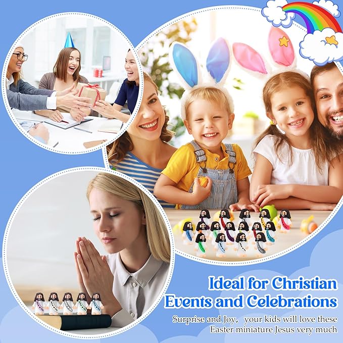 Bememo 25 Pcs Little Jesus Figures Original Design Jesus Love You Mini Rubber Toys to Hide and Seek Religious Party Favors Sunday School Baptism Gifts(Colorful)