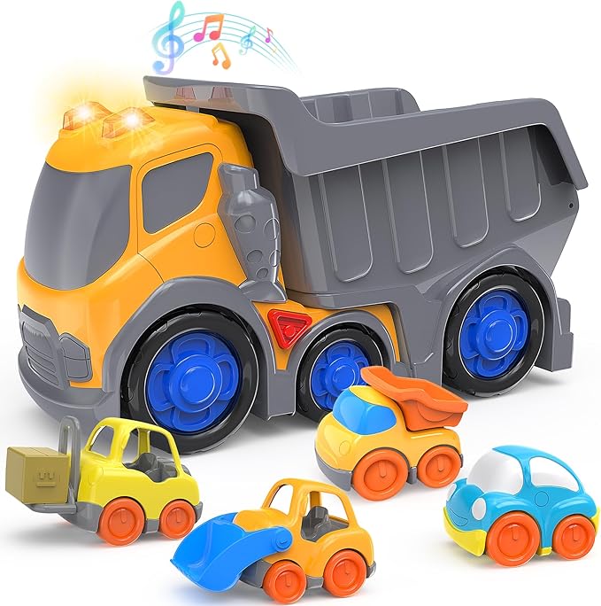 P&C 12.2" Toddler Construction Dump Truck Toys for Ages 2-4, Beach Sand Outdoor Toy Cars Dump Truck Set with Sounds and Lights for Kids 18M+, 2, 3, 4, 5, Ideal Birthday for Boys Girls