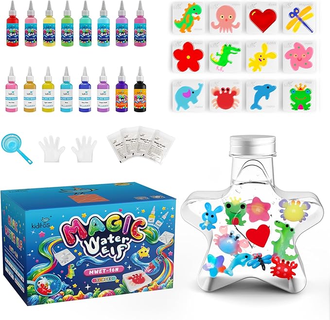 Kiditos Magic Water Elf Toy Kit, Aqua Fairy Water Gel Kit-16 Magic Gels & 12 Molds–Make Your Own Water Pets & Squishy Toys–Fun Summer DIY Craft Kit, Birthday Gifts & Party Favors for Kids Ages 3+