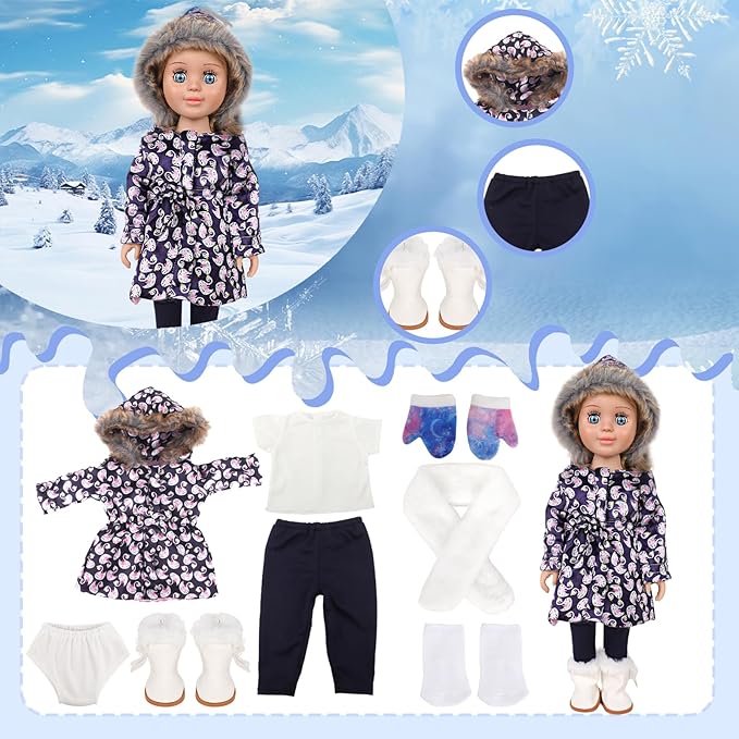 18-inch Doll Down Jacket, Doll Winter Clothing Set, 5 Different Colors and Patterns Available. (Deep Blue-Swan Print)