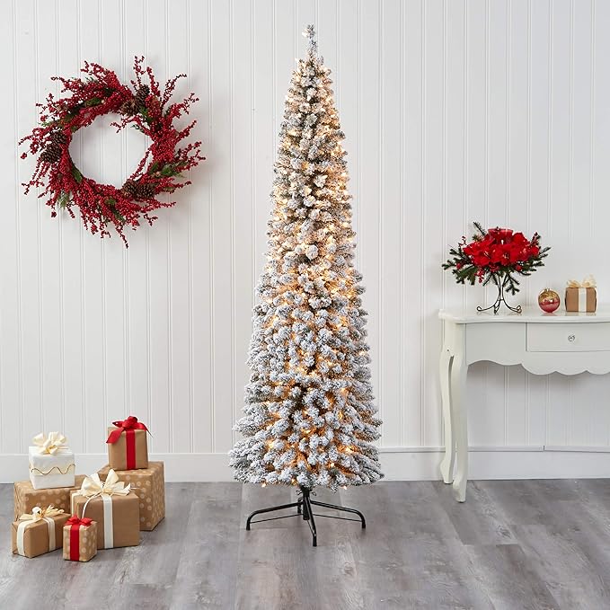 Nearly Natural 7ft. Flocked Pencil Artificial Christmas Tree with 400 Clear Lights and 574 Bendable Branches