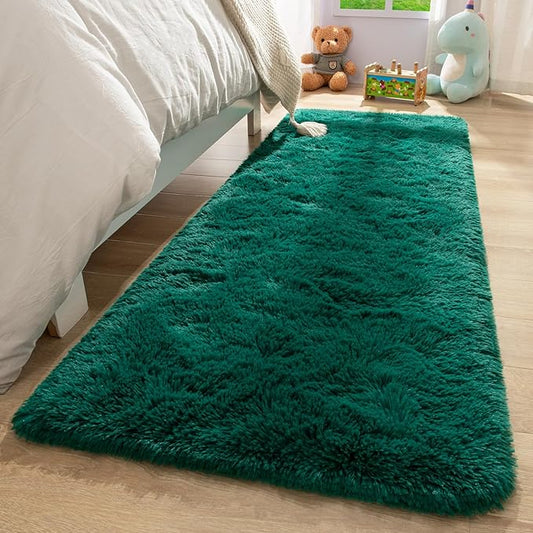 2x6 Dark Green Fluffy Bedside Runner Rug Machine Washable, Shag Throw Bedroom Rugs Non Slip, Hallway Small Area Long Plush Carpet for Nursery, Kid Boy Girl Room