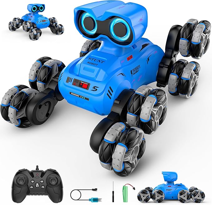 Robot Toys, 8-Wheel Stunt Remote Control Car with Auto-Demonstration, 360° Rotation, LED Eyes, Music, 2.4Ghz, All Terrain Rc Cars, Remote Control Robot for Boys 4-7 6-8 8-12