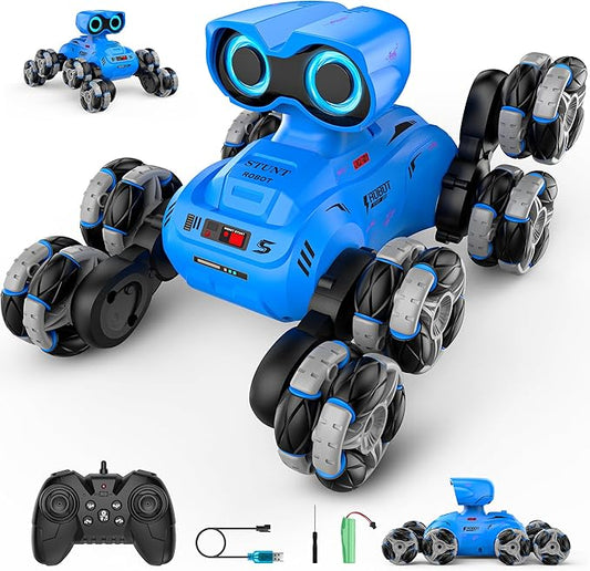 Robot Toys, 8-Wheel Stunt Remote Control Car with Auto-Demonstration, 360° Rotation, LED Eyes, Music, 2.4Ghz, All Terrain Rc Cars, Remote Control Robot for Boys 4-7 6-8 8-12
