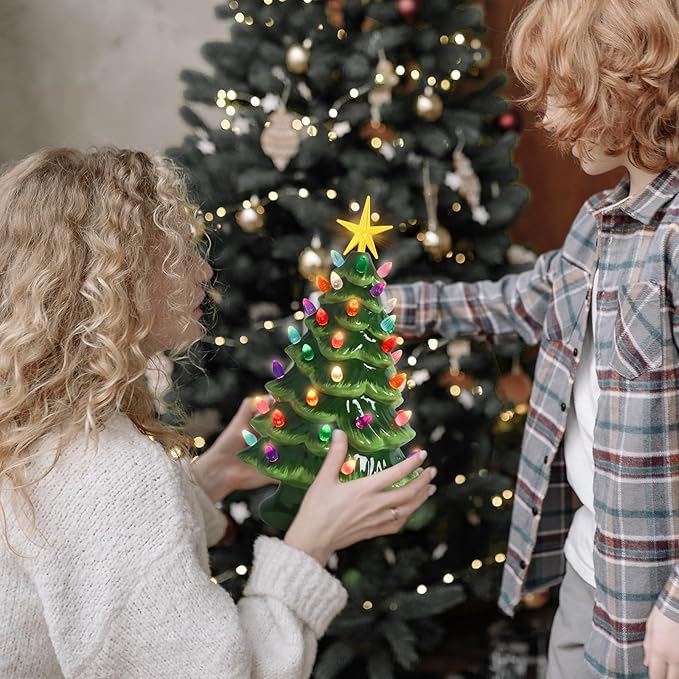 Small Ceramic Christmas Tree Hand-Painted Vintage Tabletop Green Christmas Tree Holiday Decoration with Multi-Color Lights Xmas Trees 12 inch