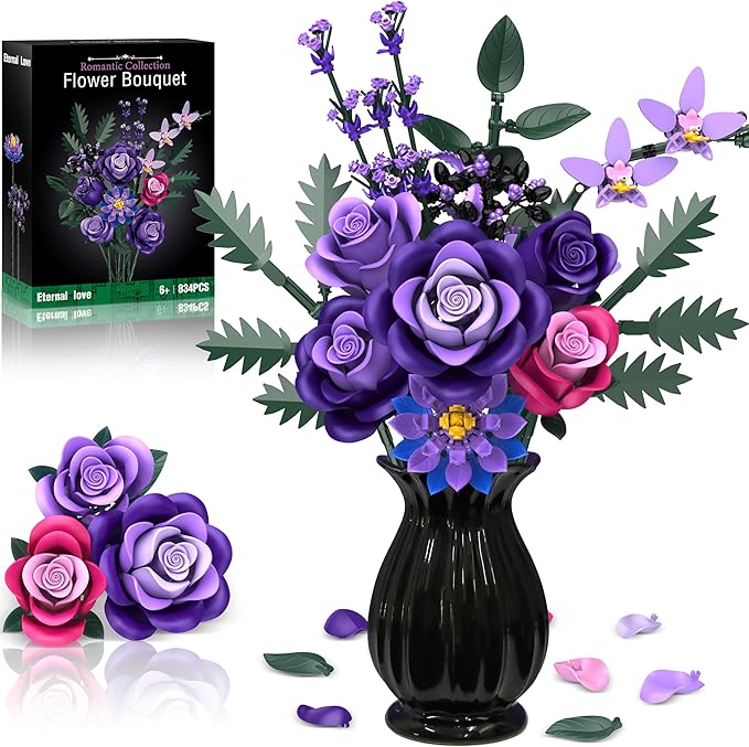 Purple Roses Flower Bouquet Building Sets, 834PCS Artificial Flowers Botanical Collection Compatible with Lego Flowers for Adults Gothic Decor, Gifts for Christmas Valentines Day