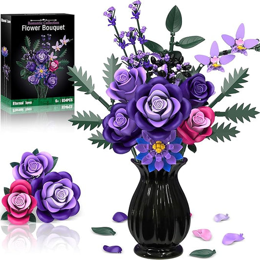 Purple Roses Flower Bouquet Building Sets, 834PCS Artificial Flowers Botanical Collection Compatible with Lego Flowers for Adults Gothic Decor, Gifts for Christmas Valentines Day