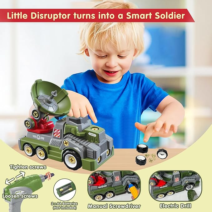 11inches Large Take Apart Trucks Army Toys for Boys Girls Kids 3-10 Year Old Radar Trucks Toys with Electric Drill Assembly Toy