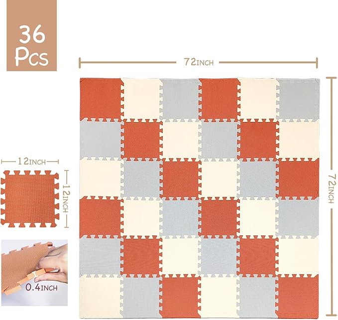 TCBunny Kids Soft EVA Foam Jigsaw Puzzle Play Mat, 36 Interlocking Tiles and Edges Baby Play Mat, for Kids Gym, Nursery, Playroom, Pet Mat, Total Floor Coverage 32 Sq Ft, Red/Grey/Beige
