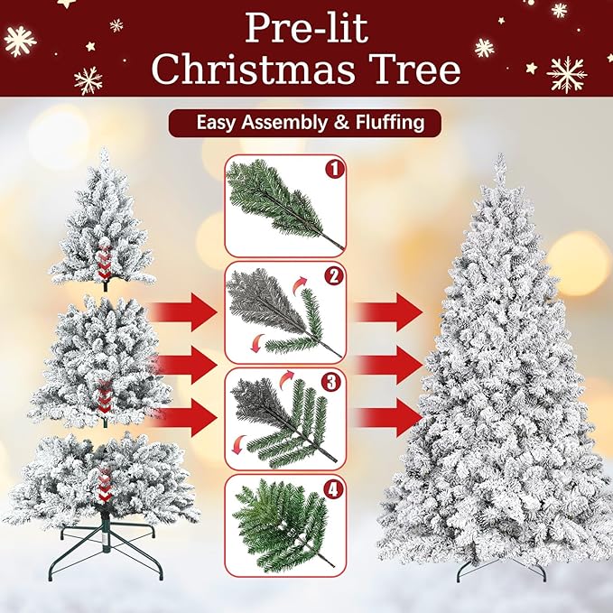 7.5ft Unlit Snow Flocked Christmas Tree, Artificial Christmas Tree with 1200 Branch Tips, Premium Spruce Full Xmas Tree for Easy Holiday Setup, Foldable Metal Base