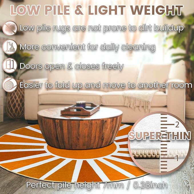 Washable 4Ft Round Sun Area Rug for Living Room, Brown Sun Modern Abstract Boho Circle Rugs, Ultra Thin Low Pile Lightweight Indoor Carpet Mat with Non-Slip Backing for Bedroom Kids Nursery Play Room
